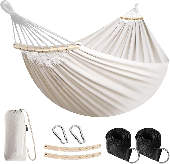 ANYOO Portable Camping Hammock Cotton Hammocks with Spreader Bar Outdoor | Sturdy Lightweight Hammocks Up to 450lbs with Carry Bag