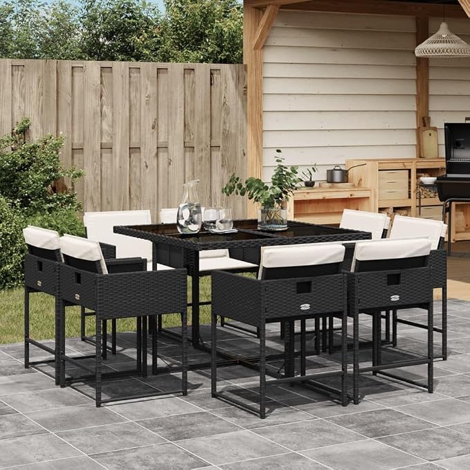 9 Piece Patio Dining Set with Cushions Black Poly Rattan Outdoor Garden Furniture Table and 8 Folding Chairs Tempered Glass Top UV-Proof Weather-Resistant for Backyard Entertaining