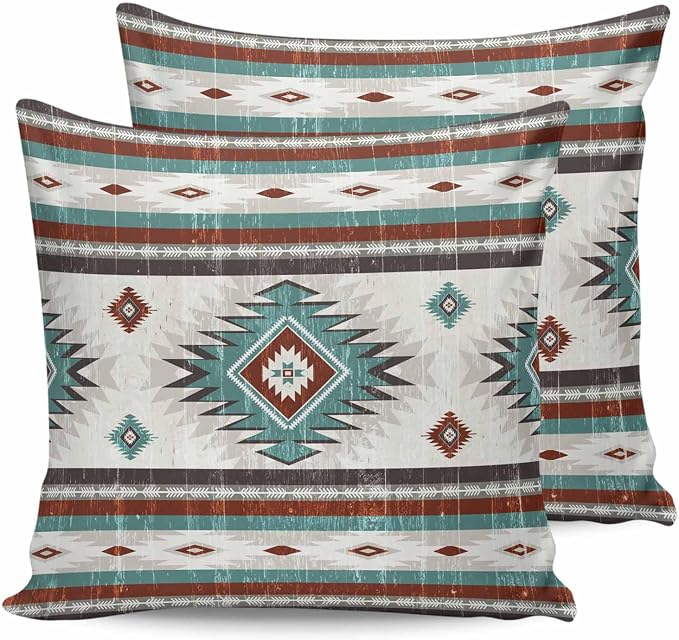 Outdoor Waterproof Throw Pillow Covers Set of 2 Teal Red Boho Aztec Pillowcases 26x26 Inches Southwest Tribal Geometric Patio Decorative Pillows Cushion Case Patio Pillows for Couch Bed Chair Garden