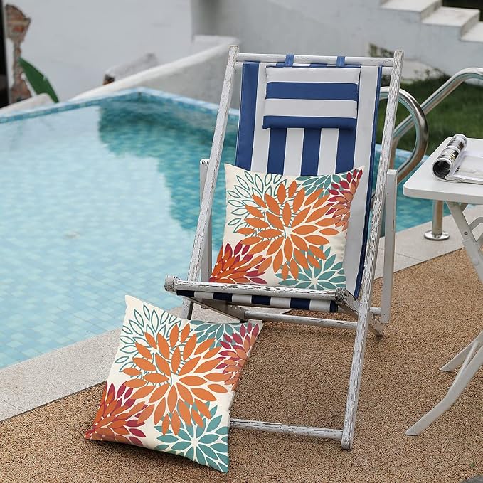 DFXSZ Outdoor Waterproof Pillow Covers 16x16 Set of 2 Orange Teal Flower | Spring Summer Waterproof Flower Throw Pillowcases（No Inserts）Outdoor Decor for Fall Patio Funiture Garden Polyester Covers