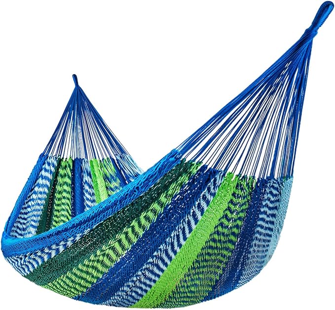 Lazy Daze Hammocks Handwoven XL Mayan Hammock, 10.5 FT Soft Rope Double Hammocks, Portable Outdoor Hammock with Carry Bag, 2 Straps & Carabiners for Patio Outside, 550 lbs Weight Capacity, Blue/Green