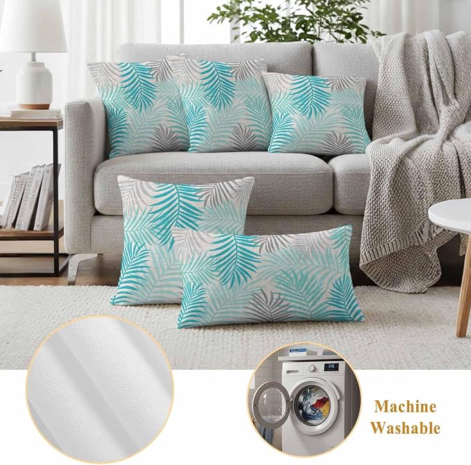 Outdoor Waterproof Throw Pillow Covers, Teal Grey Palm Leaves Decorative Pillow Cases, Summer Botanical Tropical Leaf Couch Pillow Protector Patio Sofa Cushion Covers Replacement 24"x24" 2 Pack