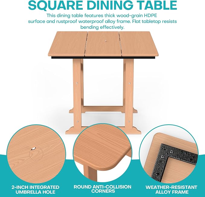 5 Piece Patio Dining Set, HDPE All-Weather Furniture with 4 Chairs & 1 Square Table, for Backyard, Garden, Cedar