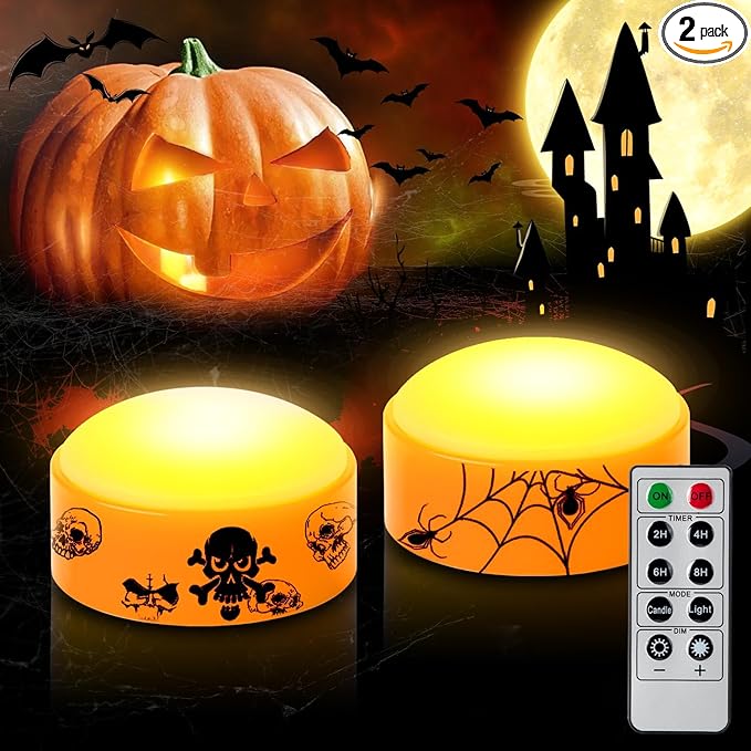 CANDLE IDEA 2 PCS Halloween LED Pumpkin Lights with Timer and Remote, Battery Operated Jack-O-Lantern Orange Light for Halloween Decor, Flameless Candles for Pumpkin Decoration