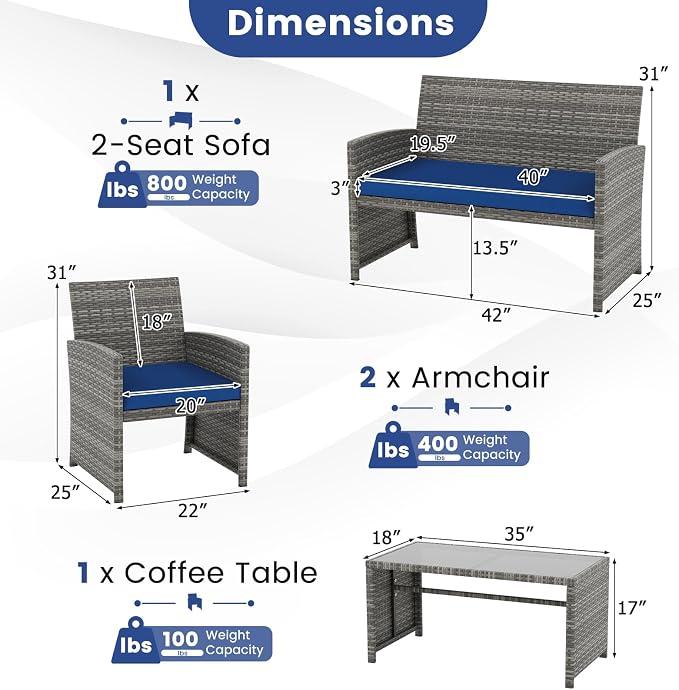 Tangkula 4 Piece Patio Wicker Furniture Set, Outdoor Heavy Duty Rattan Cushioned Chairs, Loveseat and Tempered Glass Coffee Table, for Backyard, Balcony, Poolside (Navy)