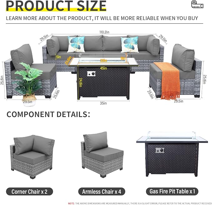 Lviden 7 Pieces Wicker Patio Furniture Set Rattan Outdoor Sectional Conversation Sofa Set with Fire Pit Table Non-Slip Cushions and Furniture Cover, Light Grey