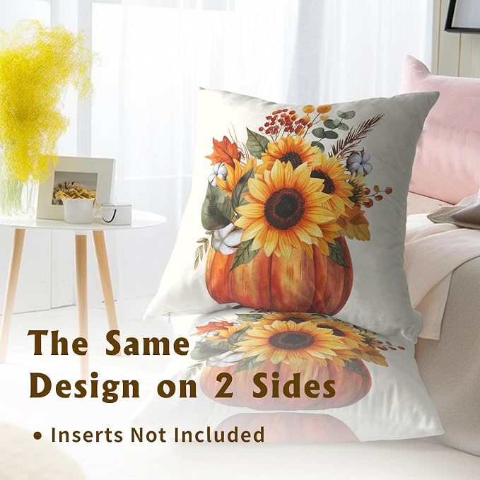 Fall Throw Pillow Covers 16x16 Set of 2, Pumpkin Sunflower Leaves Autumn Season Farmhouse Decorative Pillow Cases for Sofa Bed Couch Harvest Thanksgiving Day Outdoor Home Decor