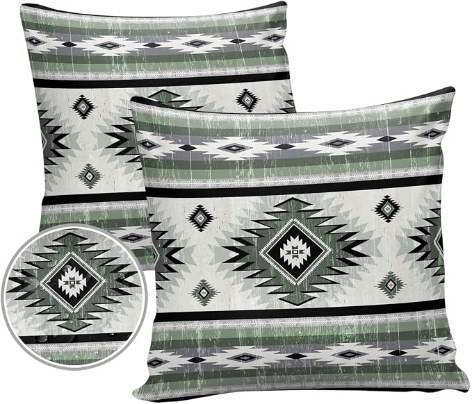 Outdoor Waterproof Throw Pillow Covers Set of 2 Sage Green Boho Aztec Pillowcases 16x16 Inches Southwest Tribal Geometric Patio Decorative Pillows Cushion Case Patio Pillows for Couch Bed Chair Garden