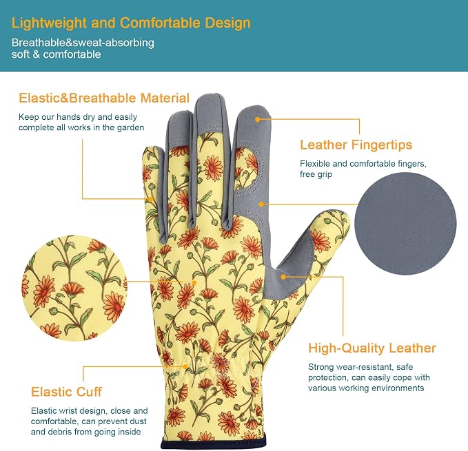 Bamllum Gardening Gloves for Women, Leather Garden Gloves | Breathable Garden Gloves with a Padded Palm, Flexible Fit and Elastic Wrist for Weeding, Digging, Planting and Pruning