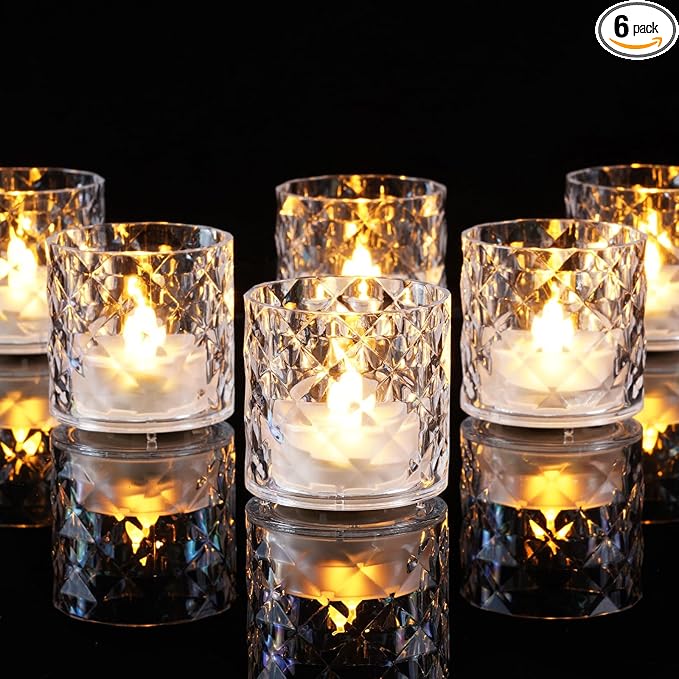 Homemory 2" x 2" Acrylic Votive Candle Holders with Auto Timer Flameless Led Tealight, Battery Powered Fake Electric Candles for Wedding Centerpiece, Table, Christmas Decor (6Pack, Clear Base)