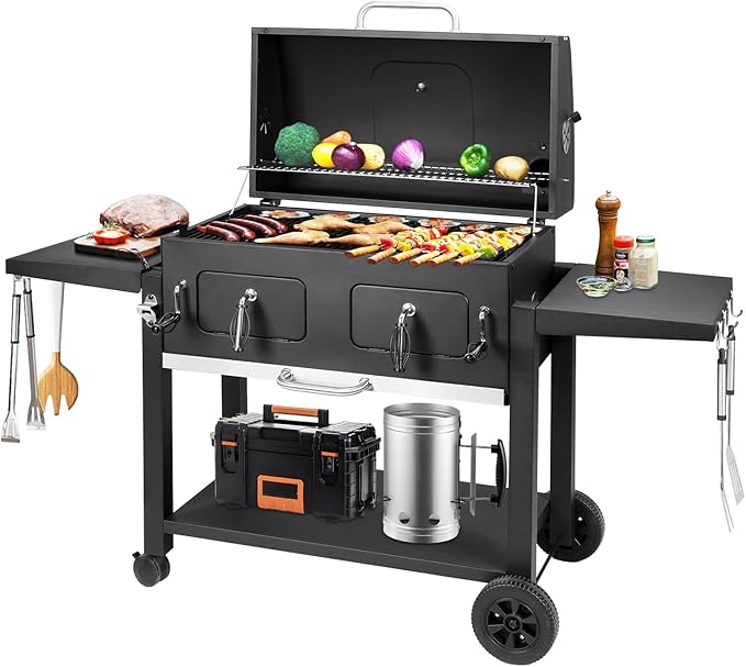 Kenadne Charcoal Grill Outdoor BBQ Grill, Extra Large Cooking Area 794 Square Inches with Two Adjustable & Individual Charcoal Tray, Foldable Side Tables for Outdoor Cooking grill Backyard