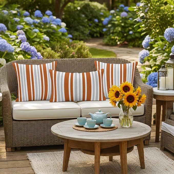 Burnt Orange Grey Stripe Outdoor Pillow Covers 20x12 Inch Lumbar Pillow Covers Set of 2 Waterproof Decorative Throw Pillow Cases Farmhouse Minimalist Striped Cushion Covers for Patio Furniture Garden