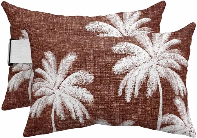 Pack of 2 Outdoor Lumbar Pillow Covers 12x20 Inch, Brown Palm Trees Waterproof Throw Pillow Covers Set, Farmhouse Tropical Summer Beach Indoor&Outdoor Decorative Cushion Cases for Patio Porch Car