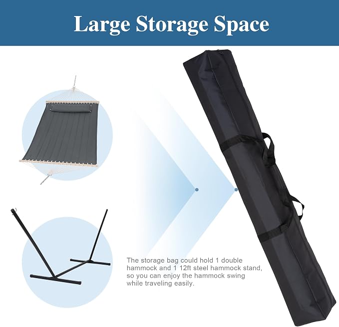 SUNCREAT Double Hammock with Stand, 2 Person Outdoor Hammock with Reversible Pad, Black Hammock Storage Bag, Heavy Duty Carrying Bag