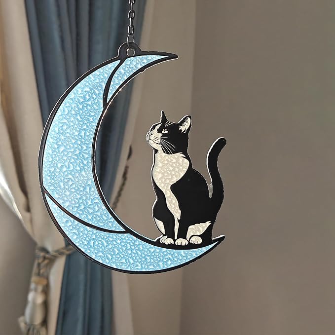 Black and White Cat Gift,Tuxedo Cat Stained Glass Art Suncatcher | Cat memorial gift and home decor for cat lovers, family, or friends; hangs in windows, patios, or gardens to honor memories