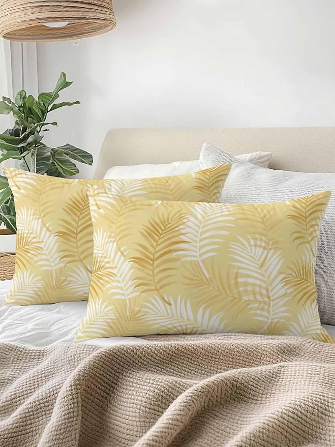 Waterproof Outdoor Pillow 1 Pack Yellow Tropical Palm Leaves Decorative Throw Pillows Cover & Insert 20x12 Inch Lumbar Pillowcase Summer Jungle Foliage Pillows for Couch Sofa Bed Patio Furniture