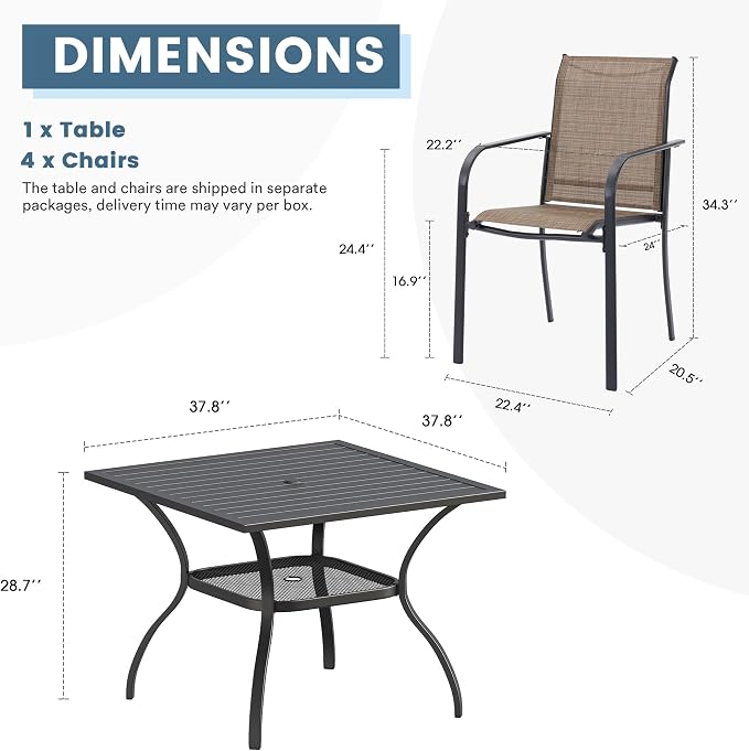 DIFY 5 Pieces Outdoor Dining Table Chair Set, Patio Dining Set with 1 Black Square Curved Legs Table with and Umbrella Hole & 4 Brown Stackable with Armrests Chairs for Lawn, Garden, Porch