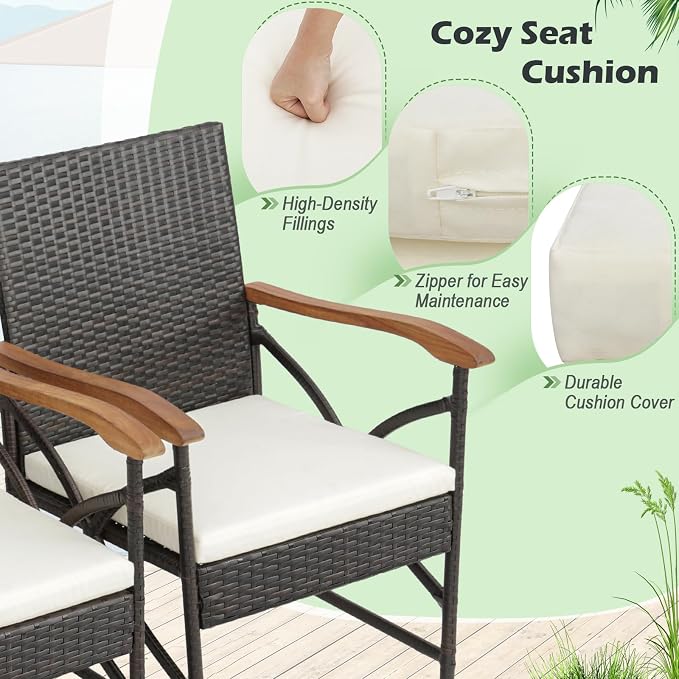 Tangkula 7-Piece Outdoor Dining Set with Acacia Wood Table & 6 Wicker Rattan Armrest Chairs, Detachable Cushions, Umbrella Hole, All-Weather Patio Conversation Furniture Set for Garden Deck (7 PCS)