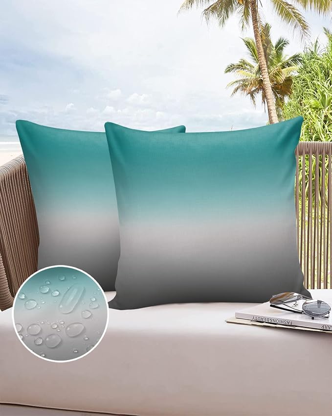 Outdoor Waterproof Throw Pillow Covers Set of 2 Green and Grey Ombre Pillowcases 24x24 Inches Teal Gradient Color Patio Decorative Pillows Cushion Case Patio Pillows for Couch Bed Chair Garden