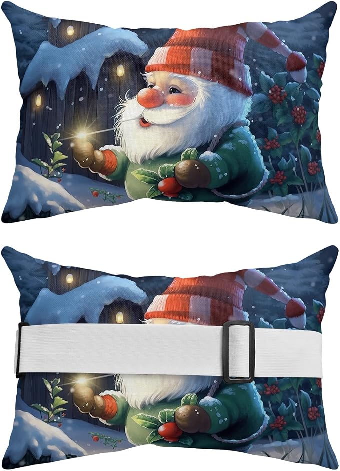 Outdoor Pillows Covers with Inserts Red Cap Gnome Snow House Forest Christmas Waterproof Recliner Pillow with Adjustable Strap Throw Pillows for Patio Furniture Pool Lounge Chair, 11x16 inch, 1PCS