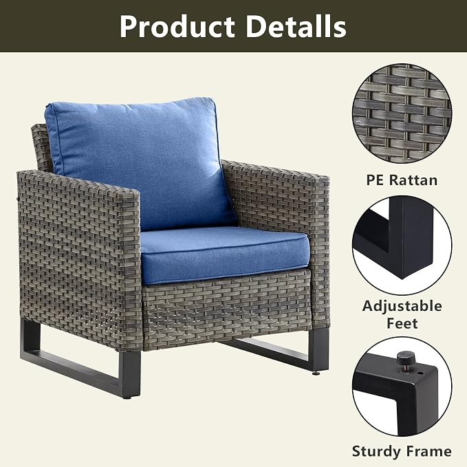Rilyson Luxury Wicker Outdoor Patio Chairs Set of 2-Classic Rattan Chairs Water Resistant,Comfortable Cushions and Sturdy Metal Frame for Outside Porch Deck Backyard(Mixed Grey/Blue)