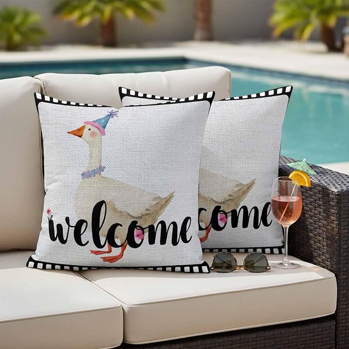 Welcome Duck Outdoor Pillow Covers 16x16 Inch Throw Pillow Covers Set of 2 Waterproof Decorative Pillow Cases Funny Animal Duck in Flim Flowers Black Gray Cushion Covers for Patio Furniture Garden