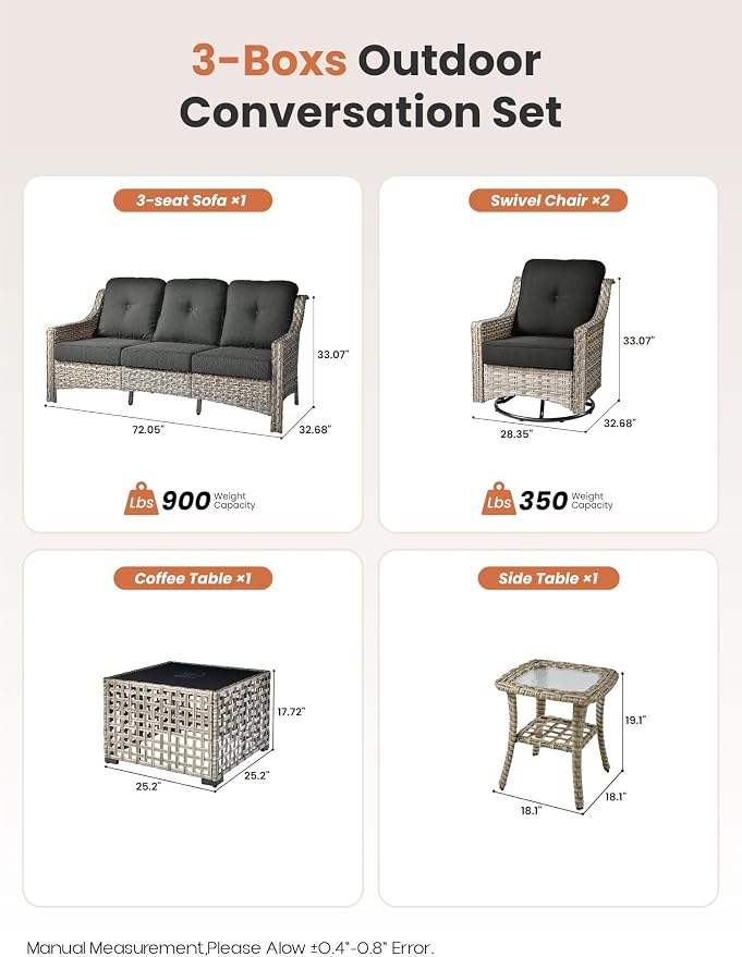 ovios 5 Piece Outdoor Patio Furniture with 3 Seat Sofa,Rattan Wicker Coversation Set with Swivel Rocking Chair,Balcony Sofa Set with Shiny Table for Outside Porch Backyard Pool, Black