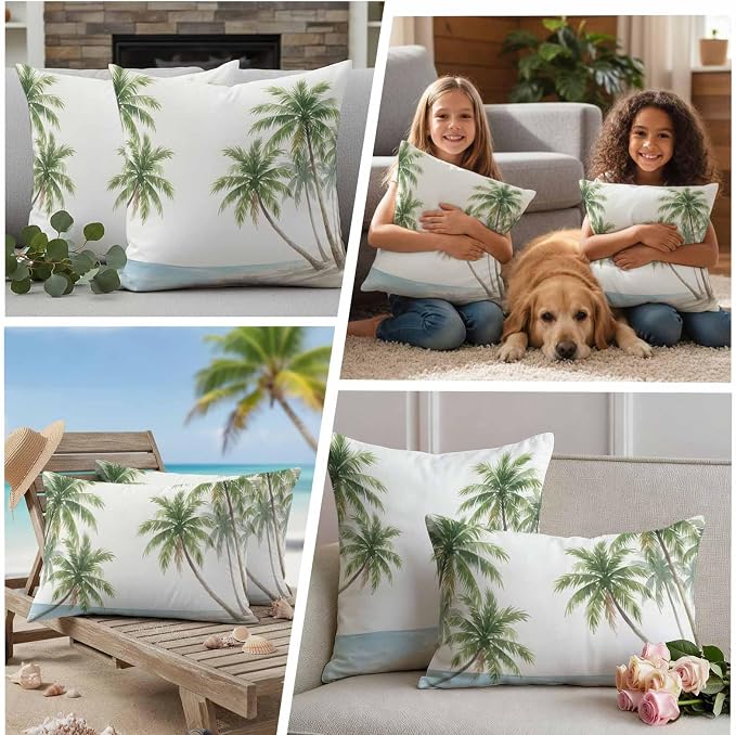 Yukro Coastal Beach Palm Tree Outdoor Waterproof Pillow Covers Pack of 2, Watercolor Coconut Tree Summer Throw Pillowcases Decorative Cushion Covers for Garden Patio Tent Sofa Couch, 26x26 inch