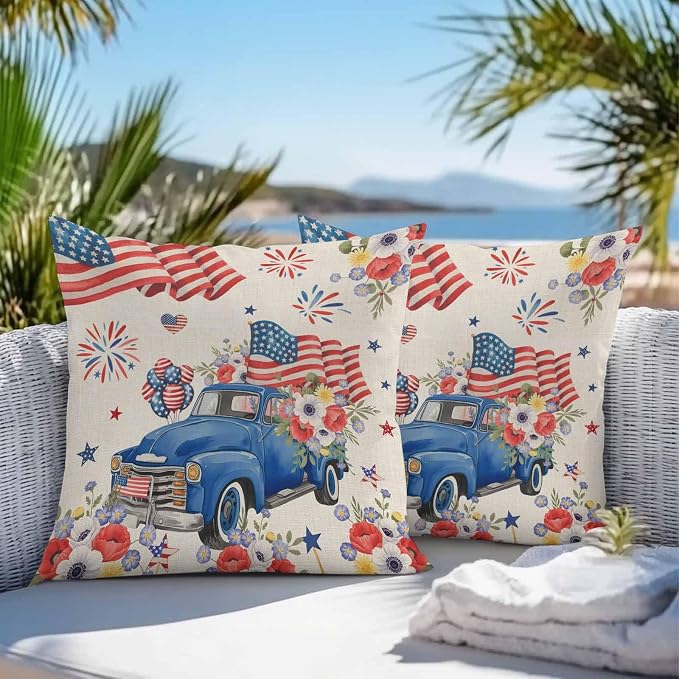 Independence Day Outdoor Throw Pillow Cover Farm Truck USA Flag Poppy Waterproof Cushion Covers 2 Pack Retro Patriotic Fireworks Pillow Cases Home Decoration for Patio Garden Couch Sofa 18x18In