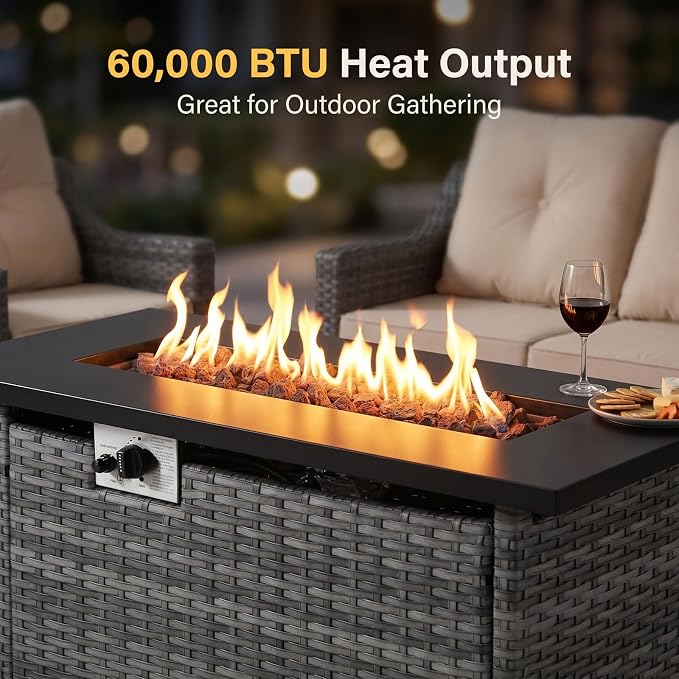 6-Piece Outdoor Patio Furniture Set, Grey Wicker Conversation Set with Sofa, 2 Swivel Chairs, 2 Ottomans and Rectangular 60,000 BTU Fire Pit Table, Beige Cushions