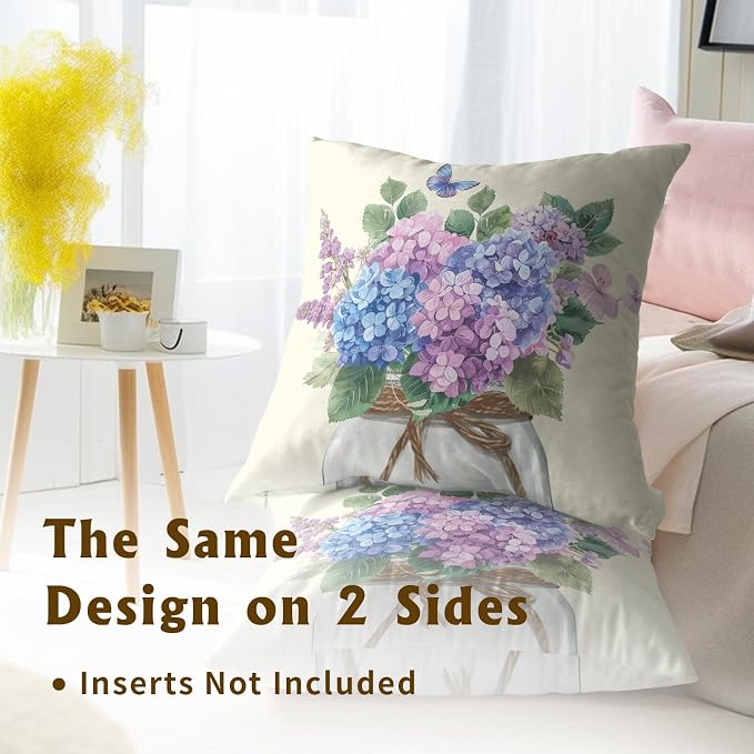 Hydrangea Flower Throw Pillow Cover Set of 2 22x22 Inch Vintage Blue Purple Floral Jar Watercolor Decorative Couch Pillow Cushion Case for Outdoor Patio Living Room Bedroom Decor
