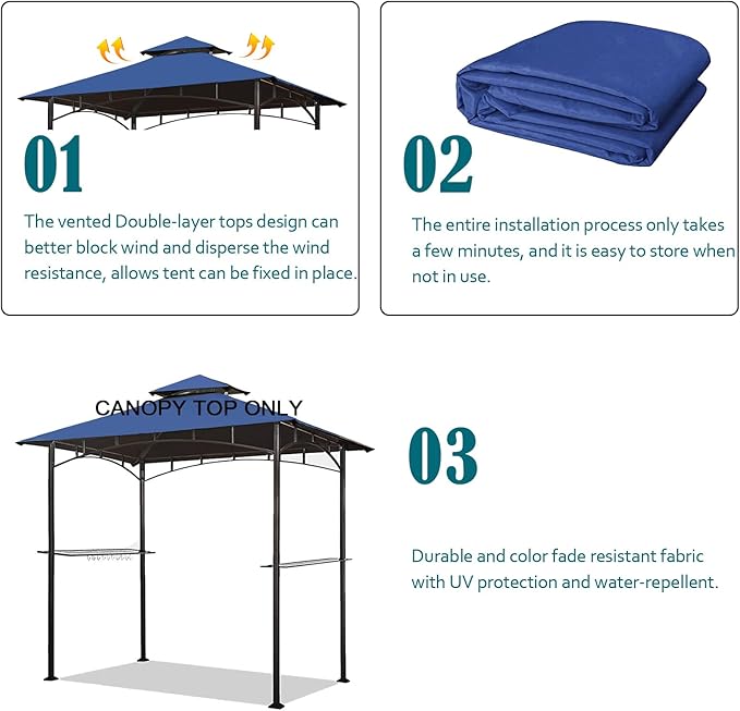 Grill Gazebo Replacement Canopy Top - Wonwon 5x8 Gazebo Roof Double Tiered Outdoor BBQ Roof Cover Grill Shelter Only Fit for Model L-GG001PST-F (Blue)