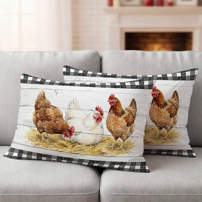Farmhouse Rooster Outdoor Waterproof Pillow Covers, Farm Chicken Animals Retro Grey Wooden Decorative Rectangle Throw Pillowcase Sofa Cushion Sham for Patio/Couch/Chair, 20"x12" 2 Pack