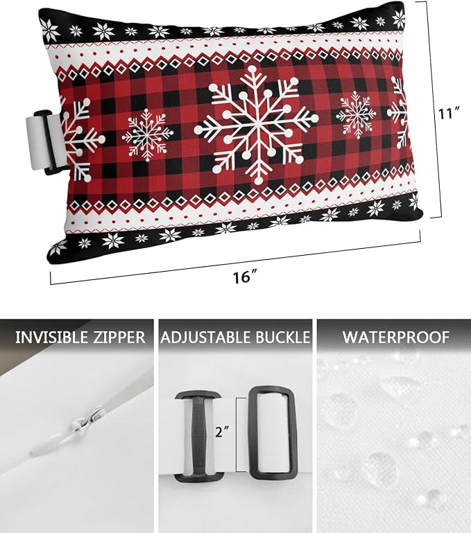 Outdoor Pillows Covers with Inserts Chrsitmas Snowflake Winter Snow Red Plaid Waterproof Recliner Pillow with Adjustable Strap Throw Pillows for Patio Furniture Pool Lounge Chair, 11x16 inch, 1PCS