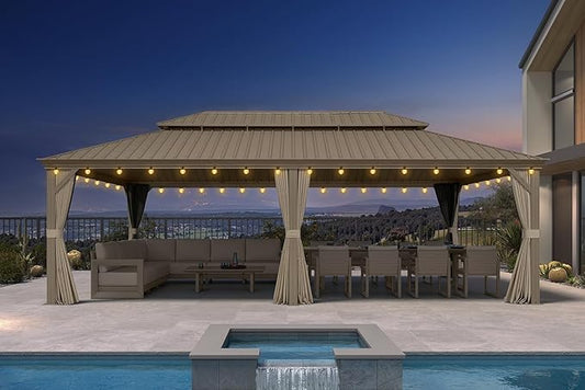 PURPLE LEAF Outdoor Gazebo 14'X24'，Champagne Hardtop Gazebo with Galvanized Steel Double Roof, Permanent Patio Gazebo with Curtains and Netting for Patio Lawn Garden and Deck