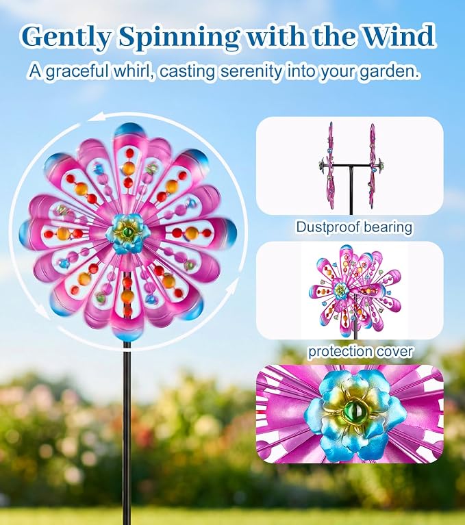 Wind Spinners Outdoor for Yard and Garden, W13xH63 Purple Kinetic Metal Art Wind Sculptures & Spinners, Outdoor Patio Lawn Garden Decor, Gardening Gifts for Women