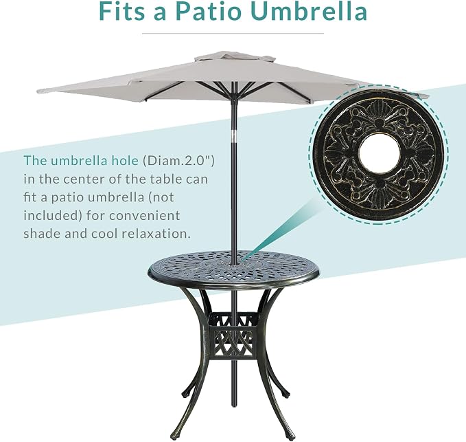 MEETWARM 3 Piece Patio Bistro Set, Outdoor All-Weather Cast Aluminum Dining Furniture Set Includes 2 Cushioned Chairs and a 31” Round Table with Umbrella Hole for Garden Deck, Navy Blue