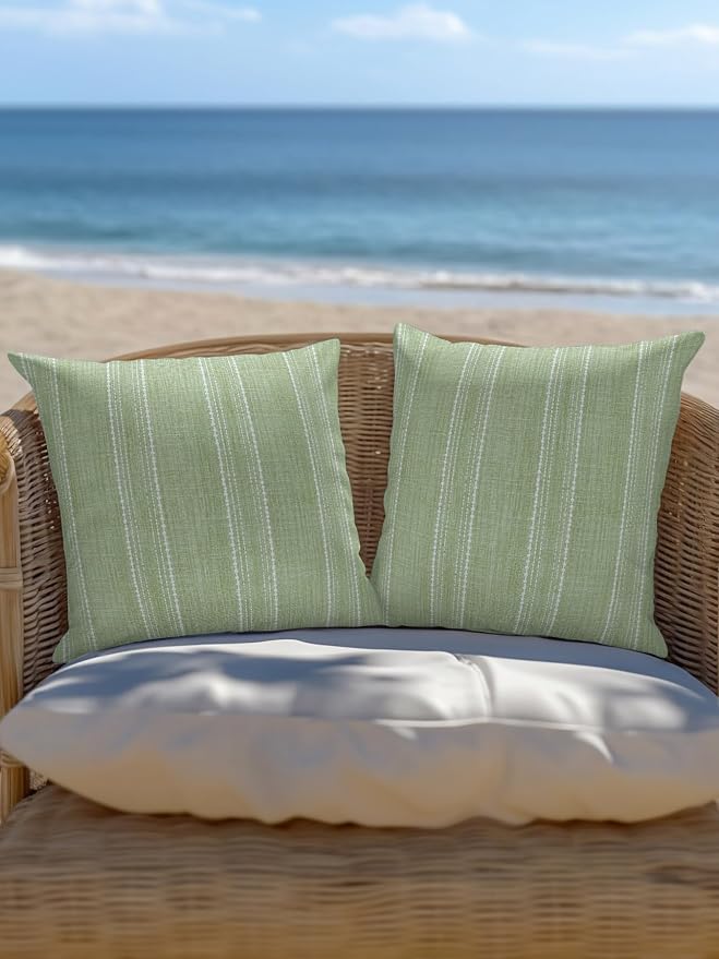 Waterproof Outdoor Pillow Set of 2 Olive Green Linen Stripes Decorative Throw Pillows Cover & Insert 18x18 Inch Pillowcase Parallel Vertical Lines Pillows for Couch Sofa Bed Patio Furniture