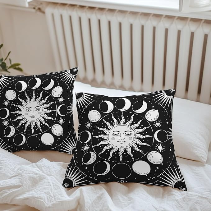Celestial Sun and Moon Waterproof Outdoor Pillow Covers Set of 2 Home Decor, Black Starry Galaxy Boho Pillowcase Patio Pillow Covers for Couch Bench Patio Furniture Garden 18x18in