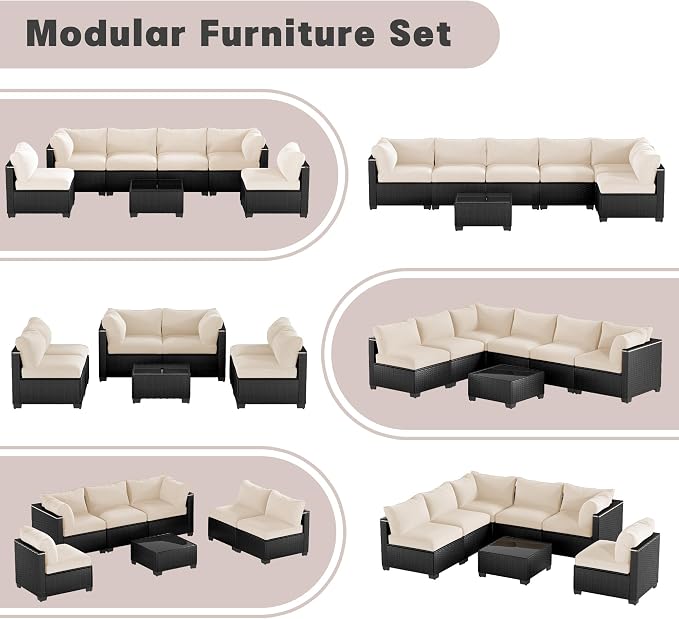 Patio Furniture Set, 7-Piece Outdoor Sectional Couch with Coffee Table & Thick Cushions, Outdoor Wicker Conversation Set for Backyard, Poolside, Garden (Black-White, 7 Piece-Single)