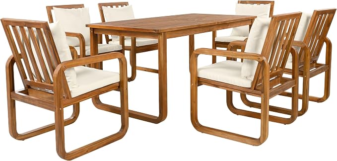 RUNNA 7 Pieces Outdoor Patio Dining Table Set with Removable Cushions, Modern Armrests and Spacious Table, Outdoor Furniture Set for Backyard, Garden Entertaining (Beige-A7)