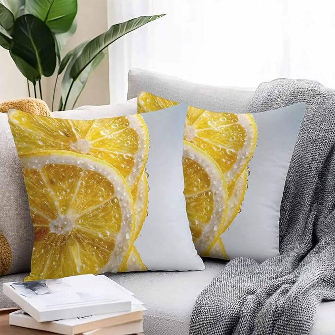 Yukro Lemon Slices Outdoor Waterproof Pillow Covers Pack of 2, Water Droplets Summer Yellow Fruit Throw Pillowcases Decorative Cushion Covers for Garden Patio Tent Sofa Couch, 18x18 inch