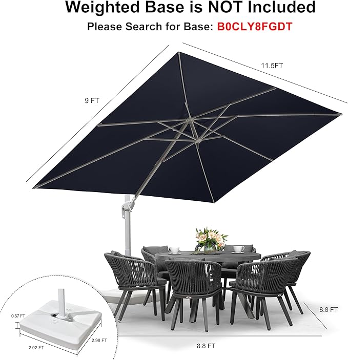 PURPLE LEAF 9' × 11.5' Patio Umbrella White Cantilever Umbrella Aluminum Square Outdoor Offset Umbrella Hanging Windproof with 360° Rotation for Garden Deck Pool, Grey