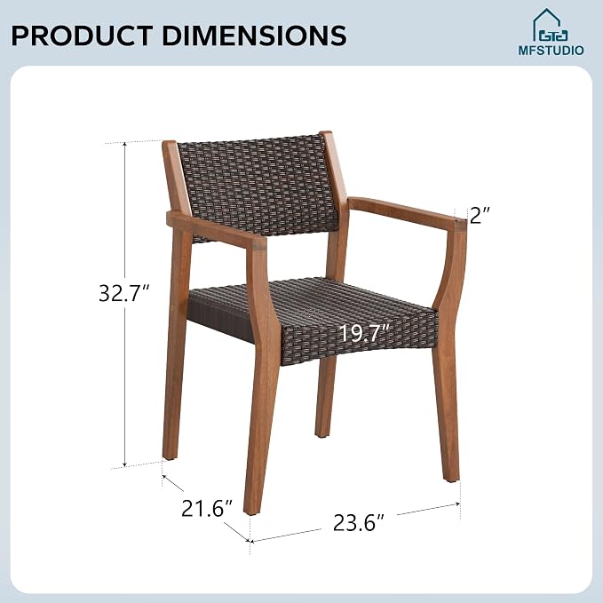MFSTUDIO Outdoor Patio Chairs Set of 2, Outdoor Teak Wood Chairs for Table, All-Weather Seating Chair w/Wicker Back & Seat, Porch, Backyard