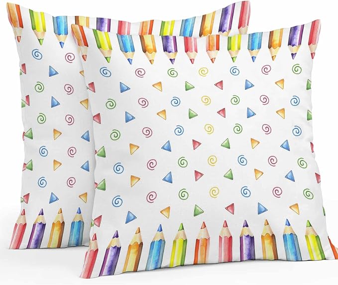 Back to School Waterproof Outdoor Pillow Covers Set of 2 Home Decor, Funny Colorful Pencil Building Blocks Pillowcase Patio Pillow Covers for Couch Bench Furniture Garden 18x18in