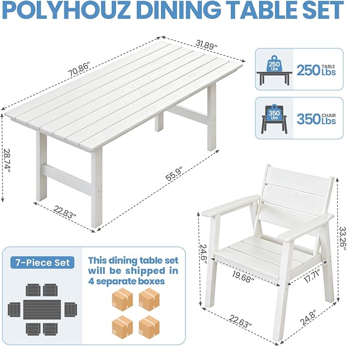 Outdoor Dining Set for 6, 7-Piece Patio Table and Chairs Set, HDPE Outdoor Dining Table and Chairs with Umbrella Hole, All-Weather Dining Furniture Set,White