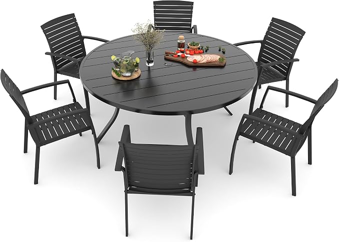 Outdoor Patio 58" Round Table and Aluminum Resin Chairs Dining Set of 7 | Aluminum Frame Chairs, Resin Chair Seat, Resin Chair Back, 6 Piece Stackable Chairs, 1 Piece Black Metal Table, 6 Person Set