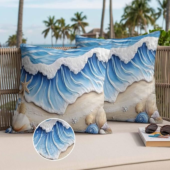 Coastal Beach Waterproof Outdoor Pillow Covers Set of 2 Home Decor, Blue Ocean Starfish Shell Seashore Sand Pillowcase Patio Pillow Covers for Couch Bench Furniture Garden 24x24in
