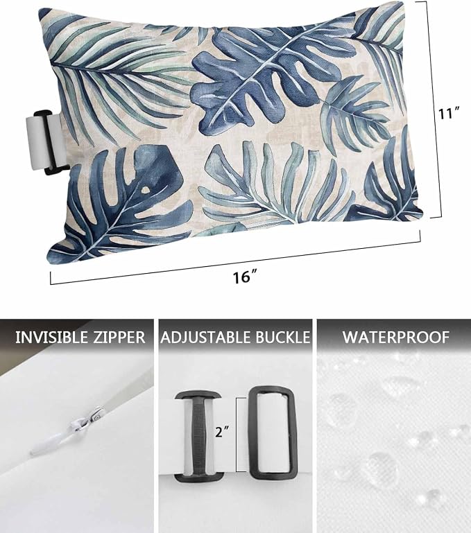 Pack of 4 Outdoor Lumbar Pillow Covers 11x16 Inch, Navy Blue Monstera Deliciosa Waterproof Throw Pillow Covers Set, Summer Botanical Tropical Vintage Decorative Cushion Cases for Patio Porch Car