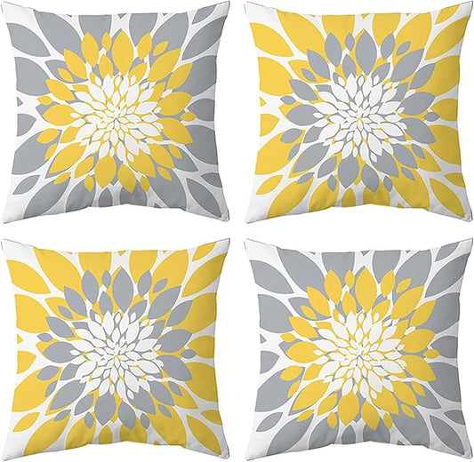 Pack of 4 Fall Outdoor Waterproof Pillow Covers 18x18 Decorative Outdoor Throw Pillows Garden Square Cushion Cases for Patio Furniture, Couch, Tent Sunbrella, Bench, Mustard Yellow Grey